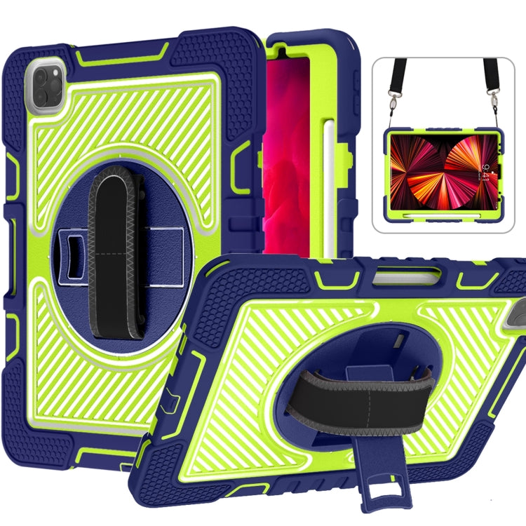For iPad Pro 11 2022 / 2021 / 2020 / 2018 / Air 2020 10.9 360-Rotation Contrast Color Shockproof Silicone PC Tablet Case with Holder & Hand Grip Strap & Shoulder Strap (Navy+Yellow Green) - iPad Pro 11 (2022/2021) Cases by buy2fix | Online Shopping UK | buy2fix