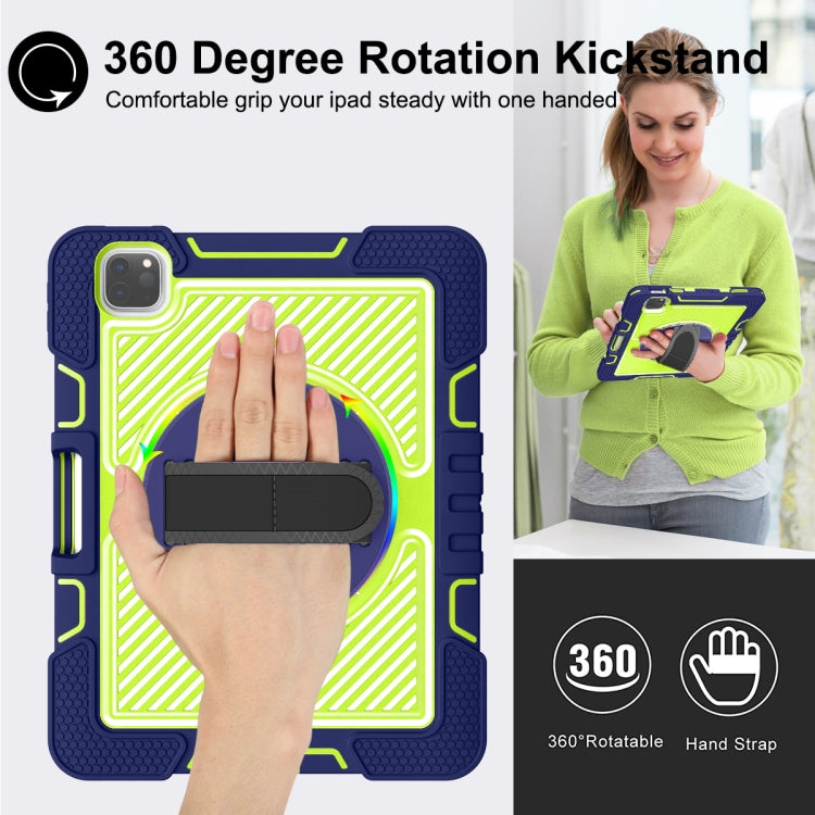 For iPad Pro 11 2022 / 2021 / 2020 / 2018 / Air 2020 10.9 360-Rotation Contrast Color Shockproof Silicone PC Tablet Case with Holder & Hand Grip Strap & Shoulder Strap (Navy+Yellow Green) - iPad Pro 11 (2022/2021) Cases by buy2fix | Online Shopping UK | buy2fix