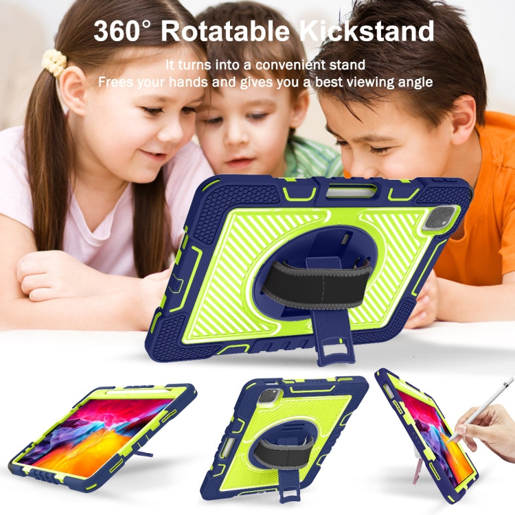 For iPad Pro 11 2022 / 2021 / 2020 / 2018 / Air 2020 10.9 360-Rotation Contrast Color Shockproof Silicone PC Tablet Case with Holder & Hand Grip Strap & Shoulder Strap (Navy+Yellow Green) - iPad Pro 11 (2022/2021) Cases by buy2fix | Online Shopping UK | buy2fix