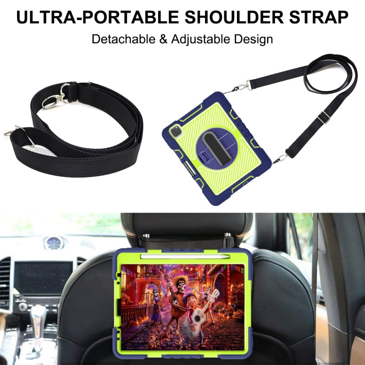 For iPad Pro 11 2022 / 2021 / 2020 / 2018 / Air 2020 10.9 360-Rotation Contrast Color Shockproof Silicone PC Tablet Case with Holder & Hand Grip Strap & Shoulder Strap (Navy+Yellow Green) - iPad Pro 11 (2022/2021) Cases by buy2fix | Online Shopping UK | buy2fix