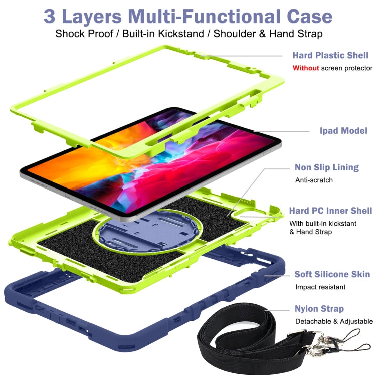 For iPad Pro 11 2022 / 2021 / 2020 / 2018 / Air 2020 10.9 360-Rotation Contrast Color Shockproof Silicone PC Tablet Case with Holder & Hand Grip Strap & Shoulder Strap (Navy+Yellow Green) - iPad Pro 11 (2022/2021) Cases by buy2fix | Online Shopping UK | buy2fix