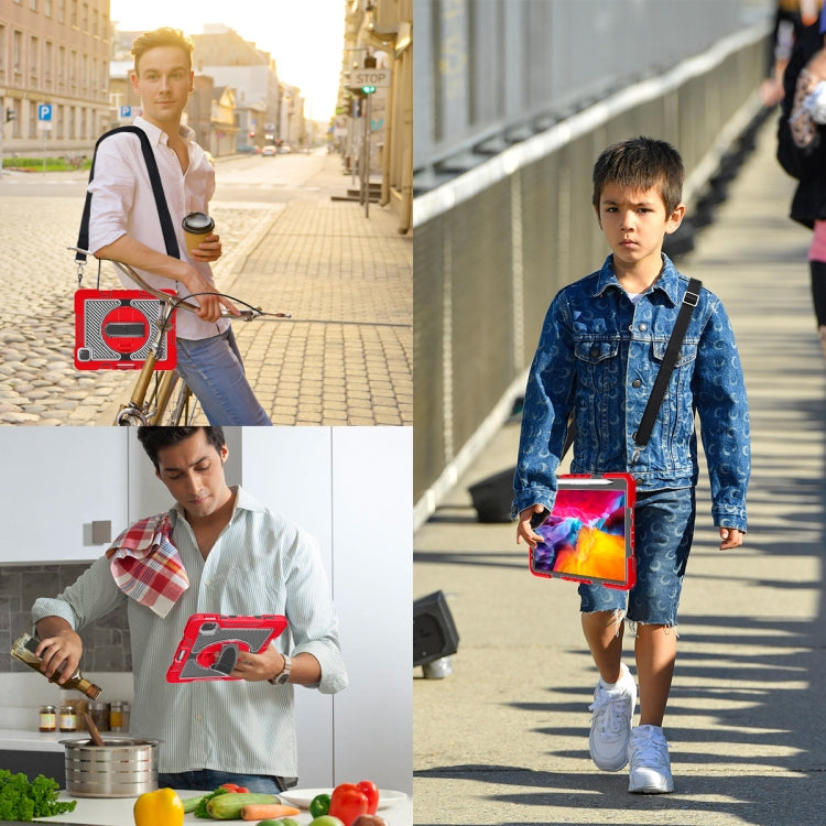 For iPad Pro 11 2022 / 2021 / 2020 / 2018 / Air 2020 10.9 360-Rotation Contrast Color Shockproof Silicone PC Tablet Case with Holder & Hand Grip Strap & Shoulder Strap (Red+Black) - iPad Pro 11 (2022/2021) Cases by buy2fix | Online Shopping UK | buy2fix