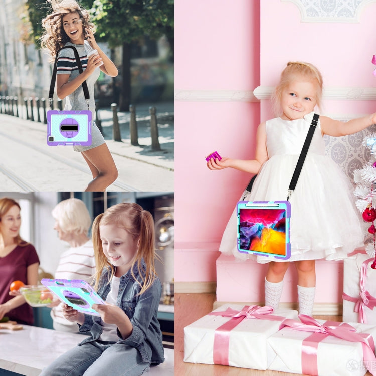 For iPad Pro 11 2022 / 2021 / 2020 / 2018 / Air 2020 10.9 360-Rotation Contrast Color Shockproof Silicone PC Tablet Case with Holder & Hand Grip Strap & Shoulder Strap (Purple + Mint Green) - iPad Pro 11 (2022/2021) Cases by buy2fix | Online Shopping UK | buy2fix