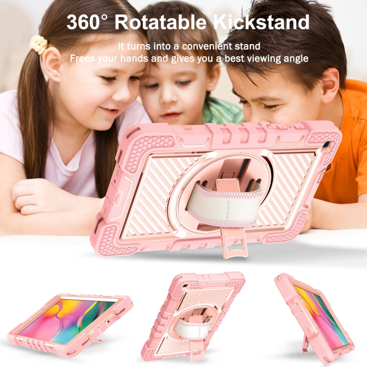 For Samsung Galaxy Tab A 8.0 2019 T290 360 Degree Rotation Contrast Color Shockproof Silicone + PC Case with Holder & Hand Grip Strap & Shoulder Strap(Rose Gold) - Other Galaxy Tab PC by buy2fix | Online Shopping UK | buy2fix