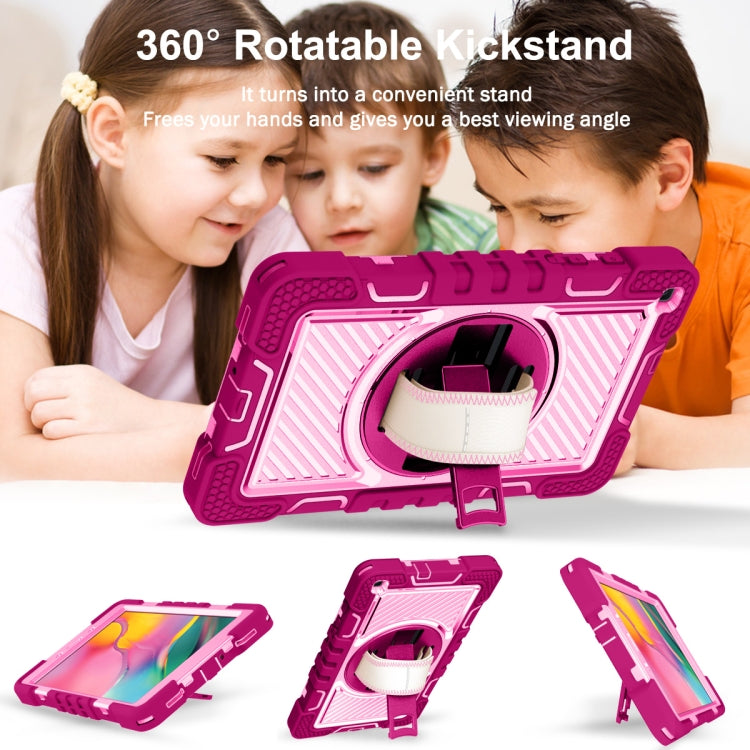 For Samsung Galaxy Tab A 8.0 2019 T290 360 Degree Rotation Contrast Color Shockproof Silicone + PC Case with Holder & Hand Grip Strap & Shoulder Strap(Rose Red+Pink) - Other Galaxy Tab PC by buy2fix | Online Shopping UK | buy2fix