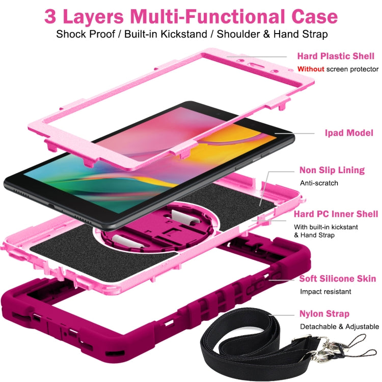 For Samsung Galaxy Tab A 8.0 2019 T290 360 Degree Rotation Contrast Color Shockproof Silicone + PC Case with Holder & Hand Grip Strap & Shoulder Strap(Rose Red+Pink) - Other Galaxy Tab PC by buy2fix | Online Shopping UK | buy2fix