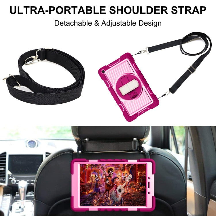 For Samsung Galaxy Tab A 8.0 2019 T290 360 Degree Rotation Contrast Color Shockproof Silicone + PC Case with Holder & Hand Grip Strap & Shoulder Strap(Rose Red+Pink) - Other Galaxy Tab PC by buy2fix | Online Shopping UK | buy2fix