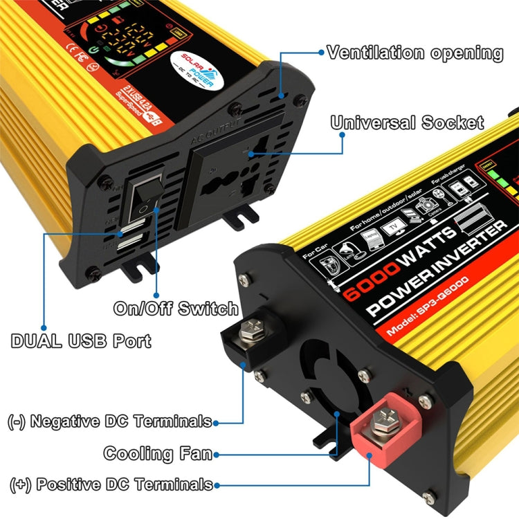 Legend III Generation DC12V to AC110V 6000W Modified Square Wave Car Power Inverter with LED Display(Yellow) - Modified Square Wave by buy2fix | Online Shopping UK | buy2fix