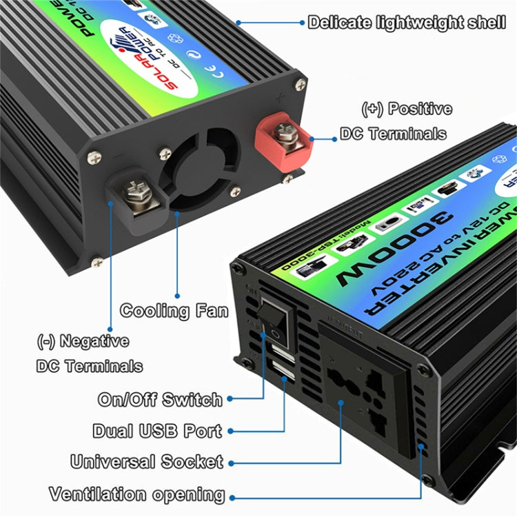 Tang I Generation 12V to 110V 3000W Modified Square Wave Intelligent Car Power Inverter with Dual USB(Black) - Modified Square Wave by buy2fix | Online Shopping UK | buy2fix
