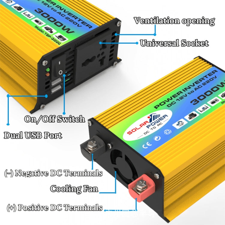 Tang I Generation 12V to 110V 3000W Modified Square Wave Intelligent Car Power Inverter with Dual USB(Yellow) - Modified Square Wave by buy2fix | Online Shopping UK | buy2fix