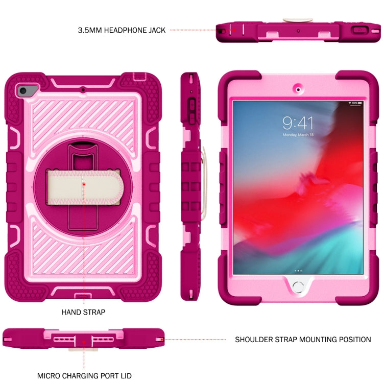 360 Degree Rotation Contrast Color Shockproof Silicone + PC Case with Holder & Hand Grip Strap & Shoulder Strap For iPad mini (2019) / 4(Rose Red+Pink) - iPad mini (2019) / mini 5 Cases by buy2fix | Online Shopping UK | buy2fix
