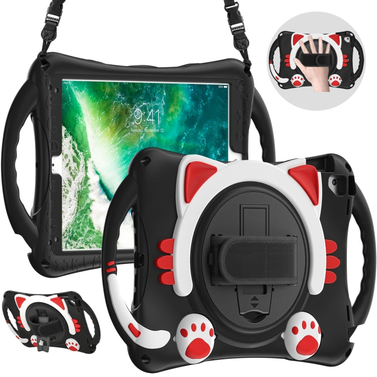 Cute Cat King Kids Shockproof Silicone Tablet Case with Holder & Shoulder Strap & Handle For iPad 9.7 2018 / 2017 / Air / Air 2 / Pro 9.7(Black Red) - iPad 9.7 (2018) & (2017) Cases by buy2fix | Online Shopping UK | buy2fix