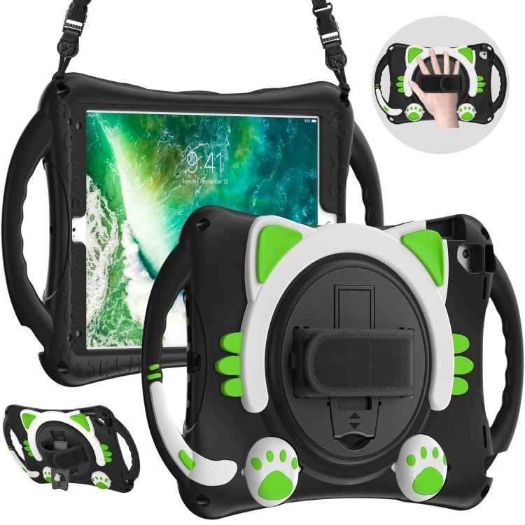 Cute Cat King Kids Shockproof Silicone Tablet Case with Holder & Shoulder Strap & Handle For iPad 9.7 2018 / 2017 / Air / Air 2 / Pro 9.7(Black Green) - iPad 9.7 (2018) & (2017) Cases by buy2fix | Online Shopping UK | buy2fix