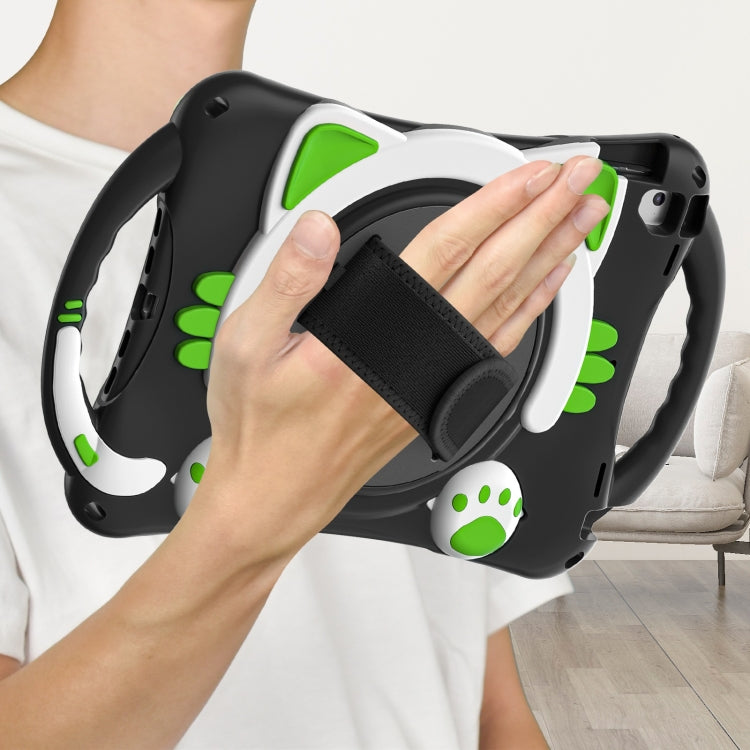 Cute Cat King Kids Shockproof Silicone Tablet Case with Holder & Shoulder Strap & Handle For iPad 9.7 2018 / 2017 / Air / Air 2 / Pro 9.7(Black Green) - iPad 9.7 (2018) & (2017) Cases by buy2fix | Online Shopping UK | buy2fix