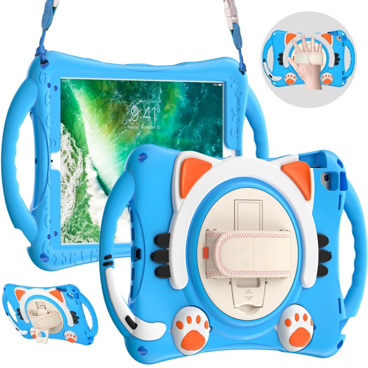 Cute Cat King Kids Shockproof Silicone Tablet Case with Holder & Shoulder Strap & Handle For iPad 9.7 2018 / 2017 / Air / Air 2 / Pro 9.7(Light Blue) - iPad 9.7 (2018) & (2017) Cases by buy2fix | Online Shopping UK | buy2fix