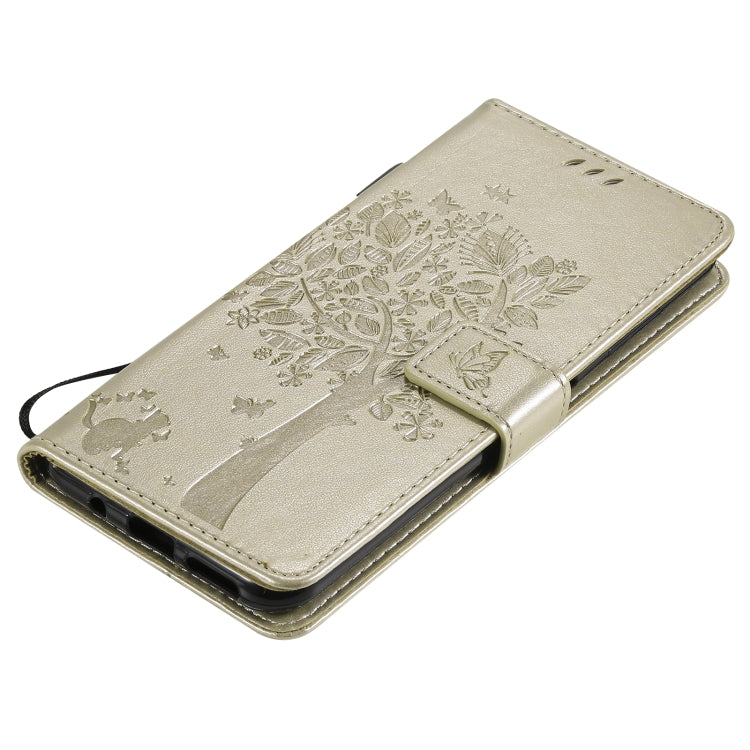 For Nokia G10 Tree & Cat Pattern Pressed Printing Horizontal Flip PU Leather Case with Holder & Card Slots & Wallet & Lanyard(Gold) by buy2fix