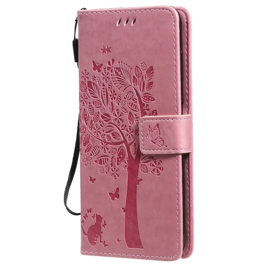 For Nokia G10 Tree & Cat Pattern Pressed Printing Horizontal Flip PU Leather Case with Holder & Card Slots & Wallet & Lanyard(Pink) by buy2fix