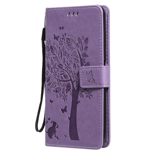 For Nokia G10 Tree & Cat Pattern Pressed Printing Horizontal Flip PU Leather Case with Holder & Card Slots & Wallet & Lanyard(Lavender) by buy2fix