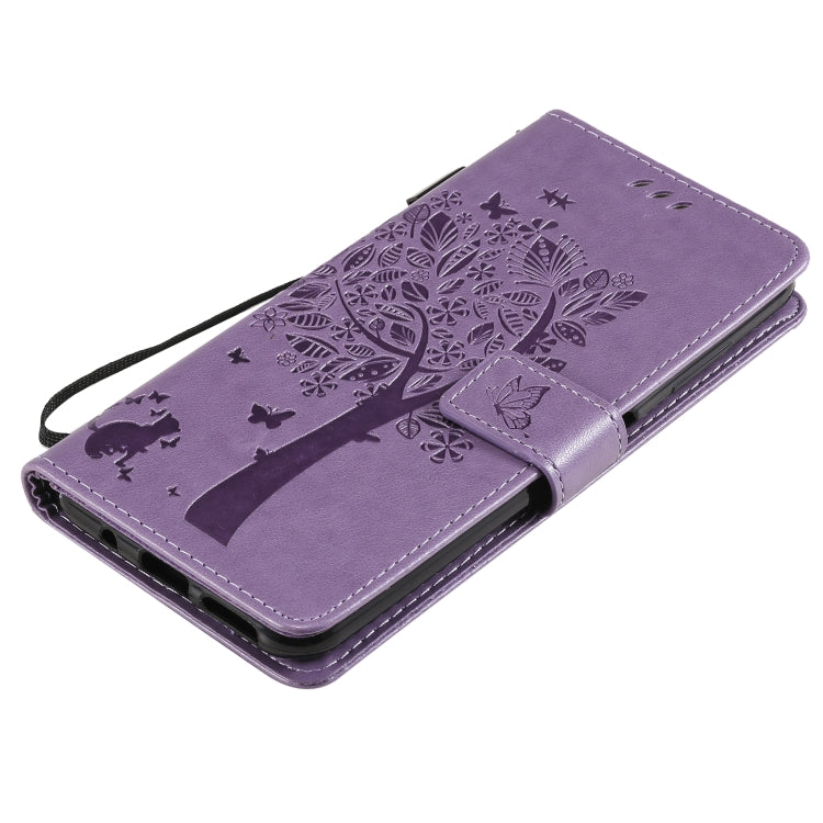 For Nokia G10 Tree & Cat Pattern Pressed Printing Horizontal Flip PU Leather Case with Holder & Card Slots & Wallet & Lanyard(Lavender) by buy2fix