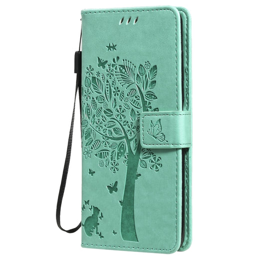 For Nokia G10 Tree & Cat Pattern Pressed Printing Horizontal Flip PU Leather Case with Holder & Card Slots & Wallet & Lanyard(Green) by buy2fix