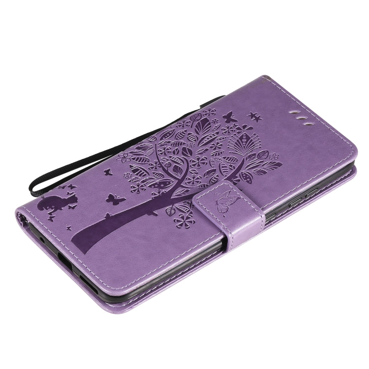For Nokia 5.3 Tree & Cat Pattern Pressed Printing Horizontal Flip PU Leather Case with Holder & Card Slots & Wallet & Lanyard(Lavender) by buy2fix