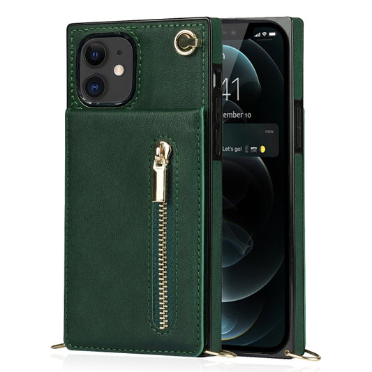 For iPhone 11 Cross-body Zipper Square TPU+PU Back Cover Case with Holder & Card Slots & Wallet & Strap (Green) by buy2fix