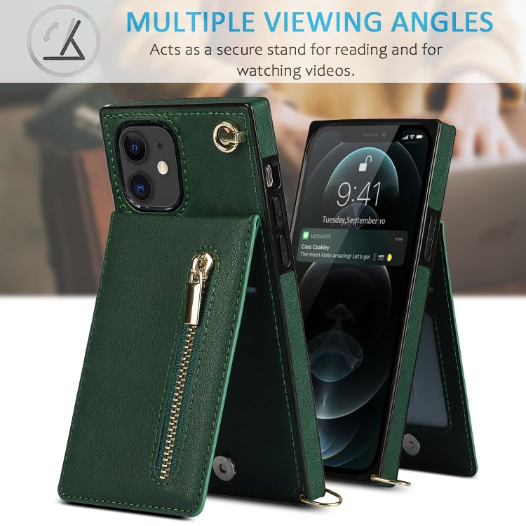 For iPhone 11 Cross-body Zipper Square TPU+PU Back Cover Case with Holder & Card Slots & Wallet & Strap (Green) by buy2fix