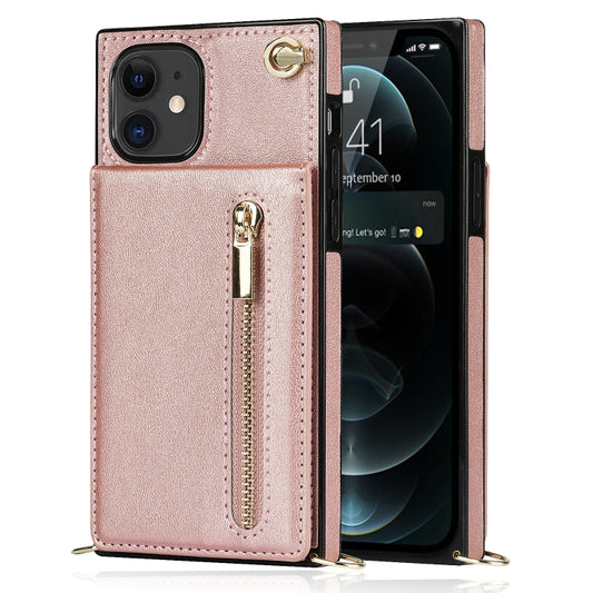 For iPhone 11 Cross-body Zipper Square TPU+PU Back Cover Case with Holder & Card Slots & Wallet & Strap (Rose Gold) by buy2fix