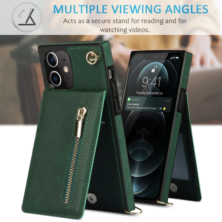 For iPhone 12 / 12 Pro Cross-body Zipper Square TPU+PU Back Cover Case with Holder & Card Slots & Wallet & Strap(Green) by buy2fix