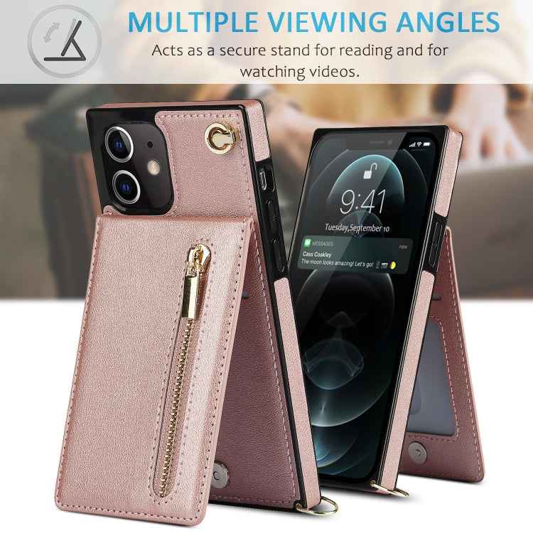 For iPhone 12 / 12 Pro Cross-body Zipper Square TPU+PU Back Cover Case with Holder & Card Slots & Wallet & Strap(Rose Gold) by buy2fix
