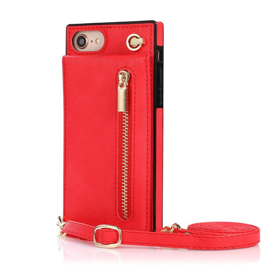 For iPhone SE 2022 / SE 2020 / 8 / 7 Cross-body Zipper Square TPU+PU Back Cover Case with Holder & Card Slots & Wallet & Strap(Red) by buy2fix