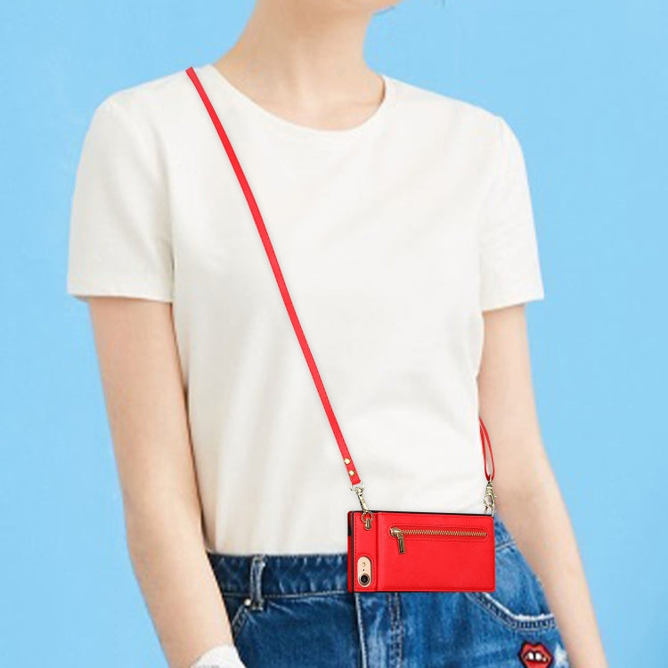 For iPhone SE 2022 / SE 2020 / 8 / 7 Cross-body Zipper Square TPU+PU Back Cover Case with Holder & Card Slots & Wallet & Strap(Red) by buy2fix