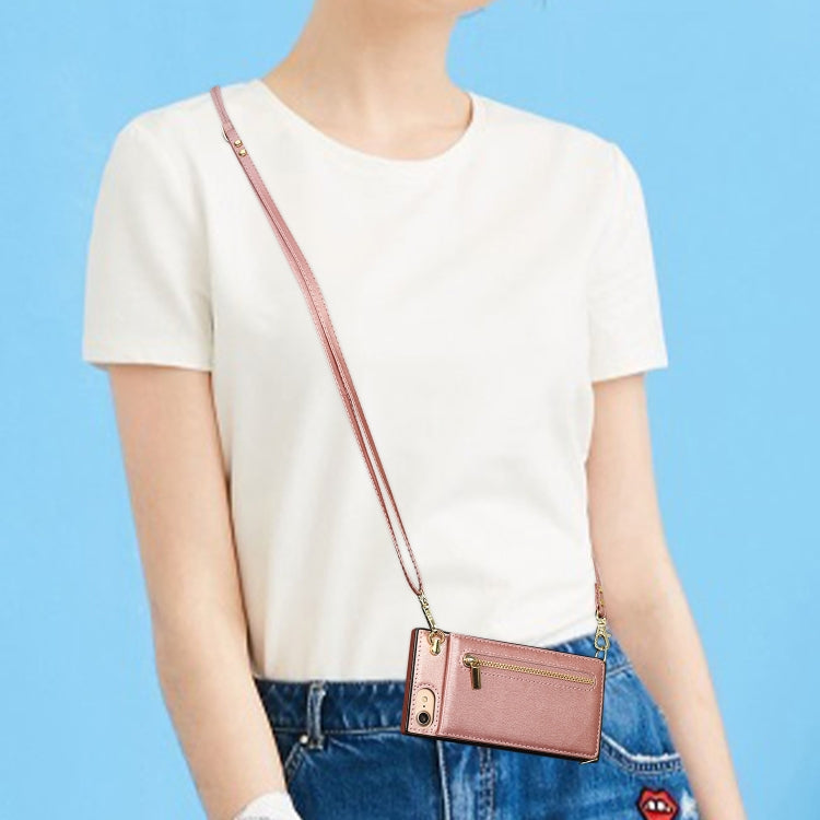 For iPhone SE 2022 / SE 2020 / 8 / 7 Cross-body Zipper Square TPU+PU Back Cover Case with Holder & Card Slots & Wallet & Strap(Rose Gold) by buy2fix