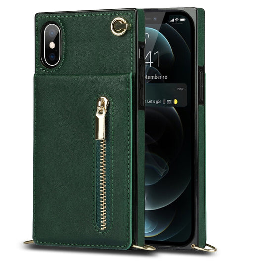 For iPhone X / XS Cross-body Zipper Square TPU+PU Back Cover Case with Holder & Card Slots & Wallet & Strap(Green) - More iPhone Cases by buy2fix | Online Shopping UK | buy2fix