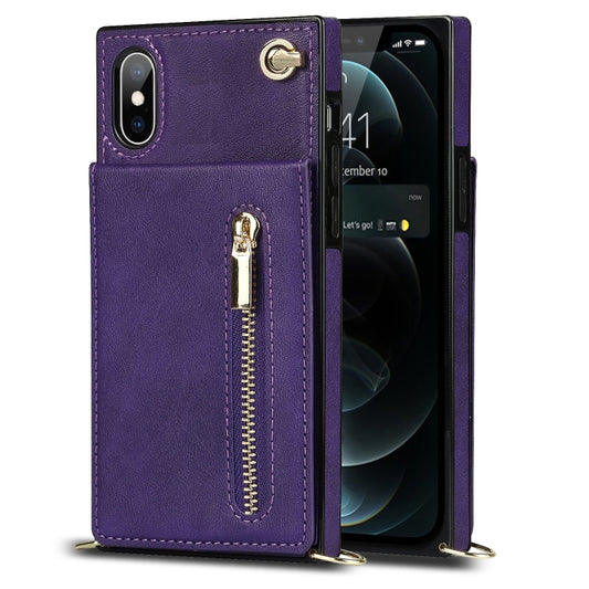 For iPhone X / XS Cross-body Zipper Square TPU+PU Back Cover Case with Holder & Card Slots & Wallet & Strap(Purple) - More iPhone Cases by buy2fix | Online Shopping UK | buy2fix