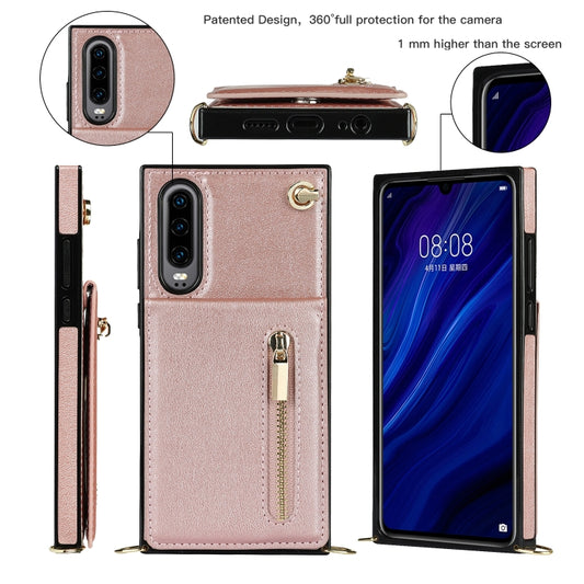 For Huawei P30 Cross-body Zipper Square TPU+PU Back Cover Case with Holder & Card Slots & Wallet & Strap(Rose Gold) by buy2fix