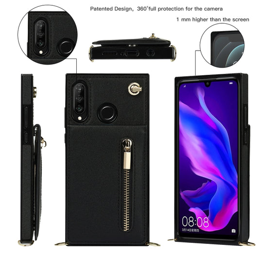 For Huawei P30 Lite Cross-body Zipper Square TPU+PU Back Cover Case with Holder & Card Slots & Wallet & Strap(Black) by buy2fix