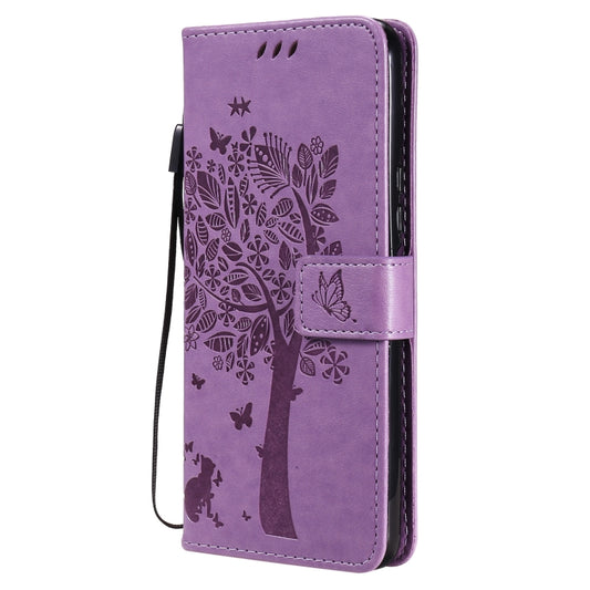 For vivo Y72 5G / iQOO Z3 Tree & Cat Embossing Pattern Horizontal Flip PU Leather Case with Holder & Card Slots & Wallet & Lanyard(Light Purple) by buy2fix
