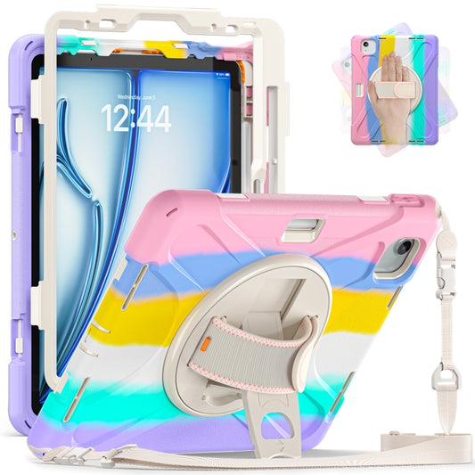 For iPad Air 11 2024 / Air 5 10.9 2022 / Air 4 10.9 2020 / Pro 11 2022 /2021 / 2018 / 2020 Silicone + PC Protective Tablet Case with Holder & Shoulder Strap(Colorful Pink) by buy2fix