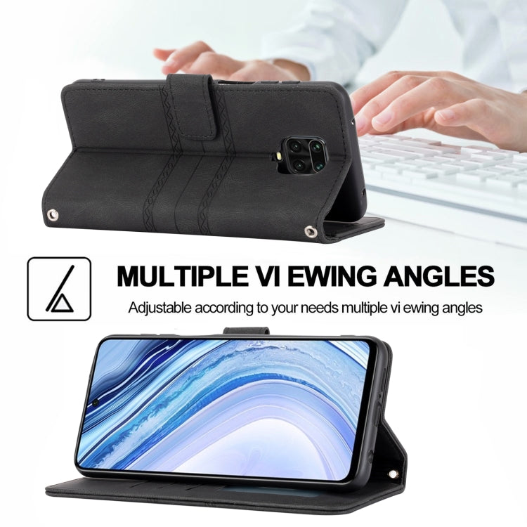 For Xiaomi Redmi Note 9 Pro Max Embossed Striped Magnetic Buckle PU + TPU Horizontal Flip Leather Case with Holder & Card Slot & Wallet & Photo Frame & Sling(Black) by buy2fix