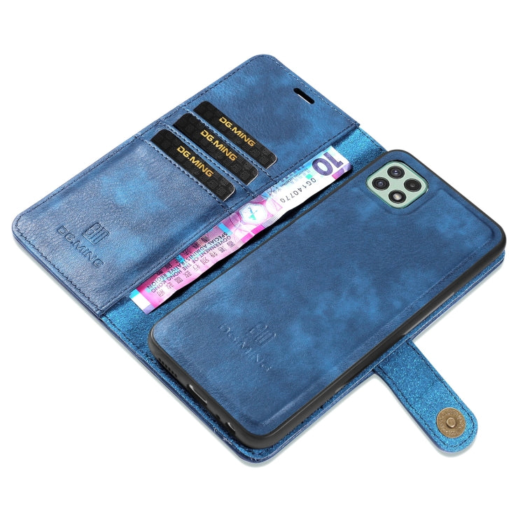 For Samsung Galaxy A22 5G DG.MING Crazy Horse Texture Flip Detachable Magnetic Leather Case with Holder & Card Slots & Wallet(Blue) by DG.MING