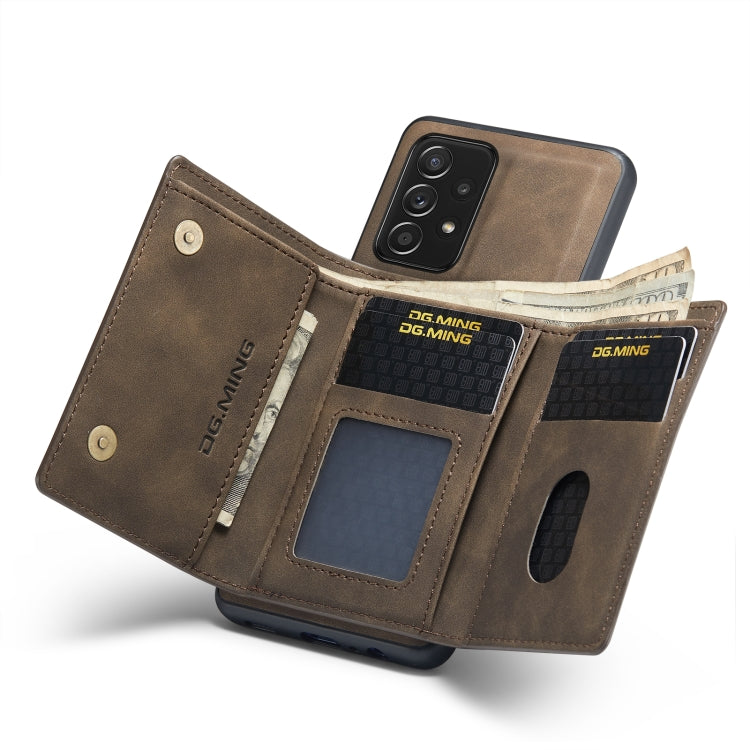 For Samsung Galaxy A52 5G / 4G DG.MING M1 Series 3-Fold Multi Card Wallet Back Cover Shockproof Case with Holder Function(Coffee) by DG.MING