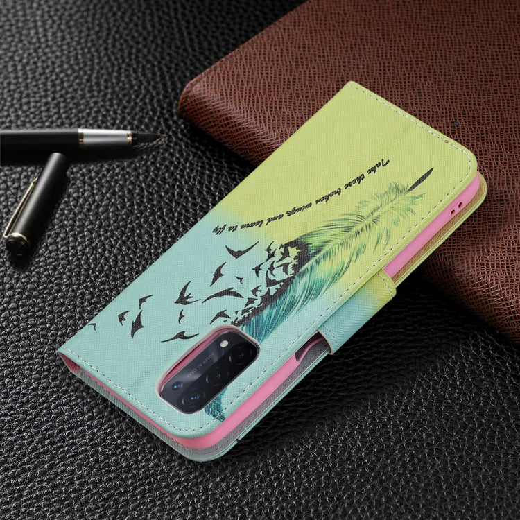 For OPPO A74 / A93 / A54 5G Colored Drawing Pattern Horizontal Flip Leather Case with Holder & Card Slots & Wallet(Feather) by buy2fix