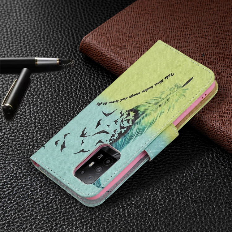 For OPPO A94 5G / Reno5 Z 5G / F19 Pro+ Colored Drawing Pattern Horizontal Flip Leather Case with Holder & Card Slots & Wallet(Feather) by buy2fix