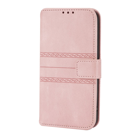 For iPhone 13 Embossed Striped Magnetic Buckle PU + TPU Horizontal Flip Leather Case with Holder & Card Slot & Wallet & Photo Frame & Sling(Pink) by buy2fix