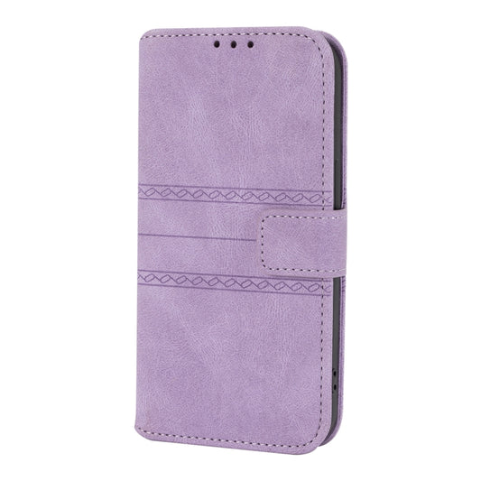 For iPhone 13 Embossed Striped Magnetic Buckle PU + TPU Horizontal Flip Leather Case with Holder & Card Slot & Wallet & Photo Frame & Sling(Purple) by buy2fix