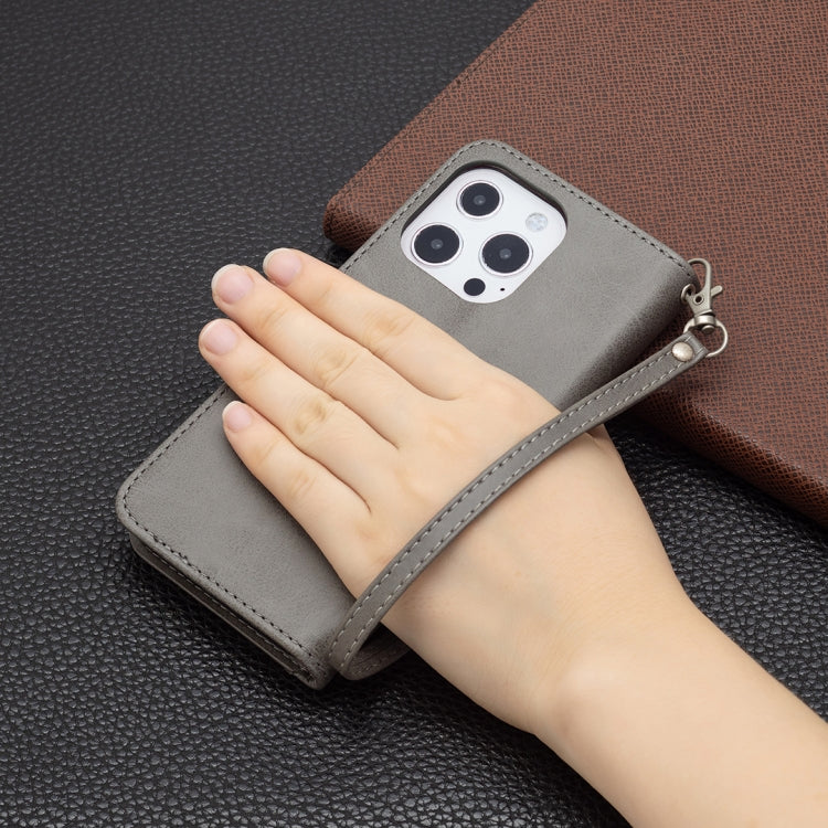 For iPhone 13 Pro Retro Lambskin Texture Pure Color Horizontal Flip PU Leather Case, with Holder & Card Slots & Wallet & Lanyard(Grey) by buy2fix