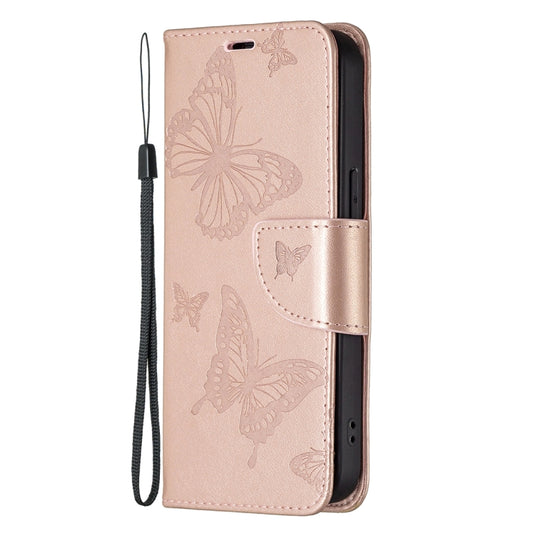 For iPhone 13 Pro Embossing Two Butterflies Pattern Horizontal Flip PU Leather Case with Holder & Card Slot & Wallet & Lanyard (Rose Gold) by buy2fix