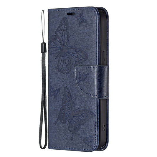 For iPhone 13 Pro Max Embossing Two Butterflies Pattern Horizontal Flip PU Leather Case with Holder & Card Slot & Wallet & Lanyard (Blue) by buy2fix