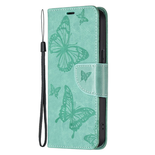 For iPhone 13 Pro Max Embossing Two Butterflies Pattern Horizontal Flip PU Leather Case with Holder & Card Slot & Wallet & Lanyard (Green) by buy2fix